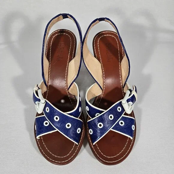 MICHAEL KORS Nautical Blue LEATHER Straps White Trim Slingback Heel Sandals 8.5M - Picture 3 of 16